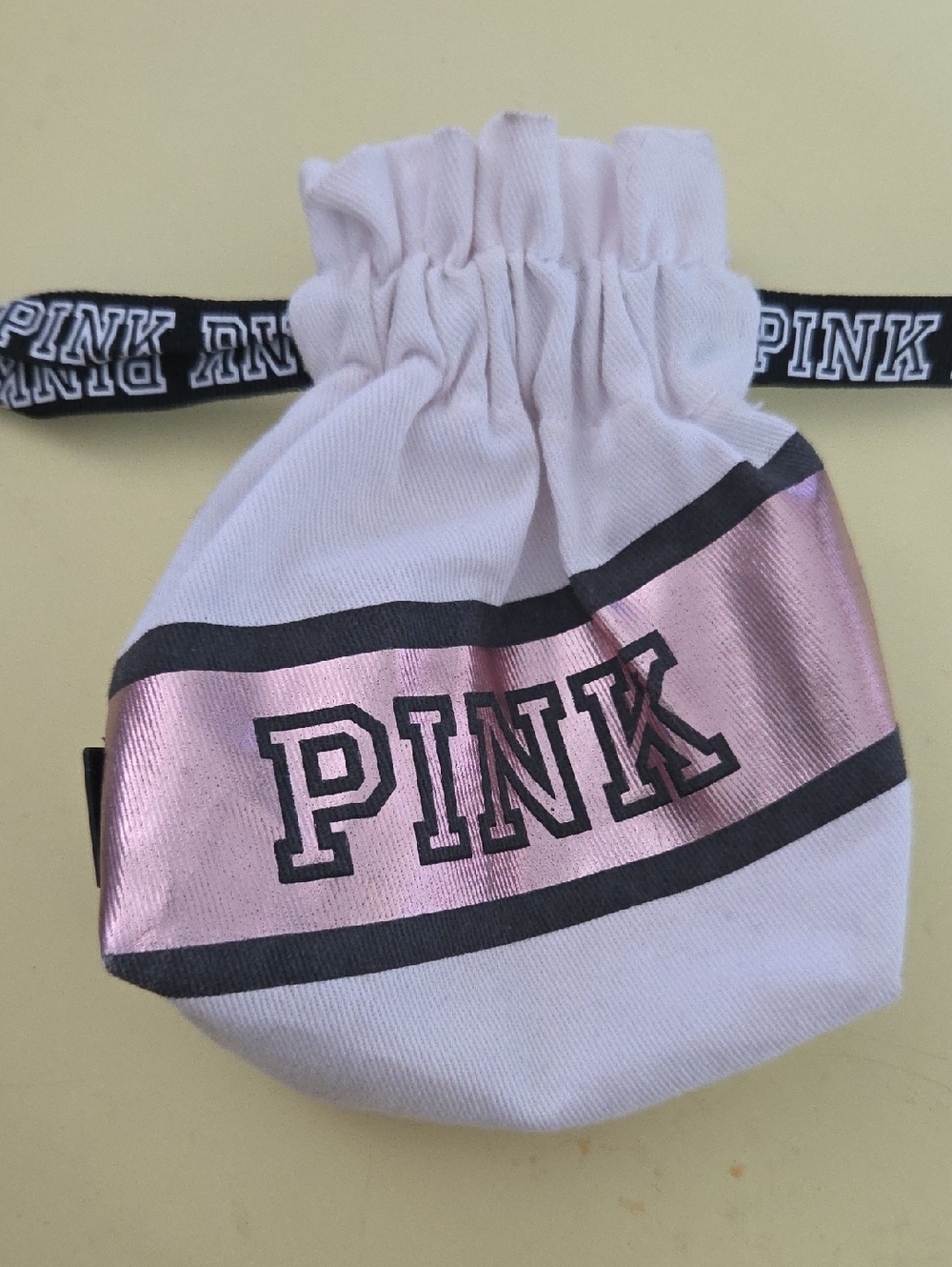 PINK Victorias Secret Brand Metallic Logo Drawstring Pouch - White & Rose
